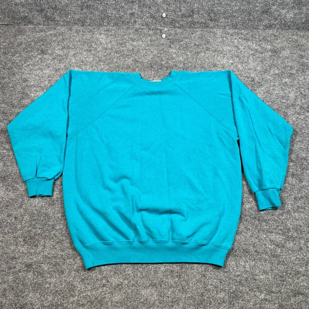 Vintage Hanes Her Way Blank Teal Blue Crewneck Sweatshirt XL Made USA 90s Raglan